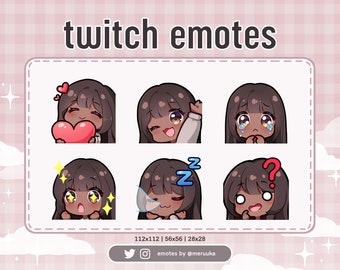 Twitch Emotes / Linda garota Chibi / Cabelo castanho com franja / Olhos castanhos / Pele escura / Discord / Youtube / Streamer / Emote Pack