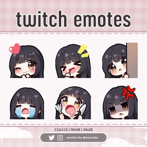 Twitch Emotes / Cute Chibi Girl / Black Hair with Bangs / Brown Eyes / Premade / Discord / Youtube / Streamer / Streaming / Emote Pack