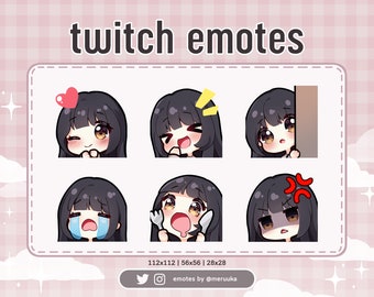 Twitch Emotes / Linda garota Chibi / Cabelo preto com franja / Olhos castanhos / Pré-fabricados / Discord / Youtube / Streamer / Streaming / Emote Pack