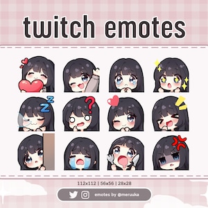 Twitch 絵文字 / かわいいちびガール / 前髪ありの黒髪 / 青い目 / 既製 / Discord / Youtube / ストリーマー / ストリーミング / 絵文字パック