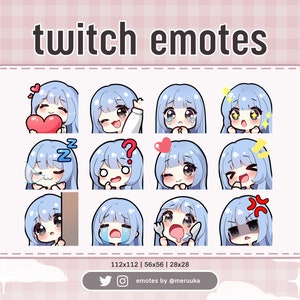 Twitch Emotes / Cute Chibi Girl / Blue Hair with Bangs / Black Eyes / Premade / Discord / Youtube / Streamer / Streaming / Emote Pack