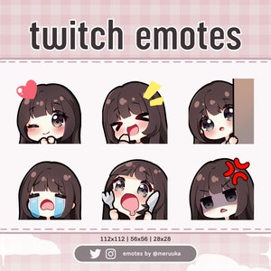 Twitch Emotes / Cute Chibi Girl / Brown Hair with Bangs / Black Eyes / Premade / Discord / Youtube / Streamer / Streaming / Emote Pack