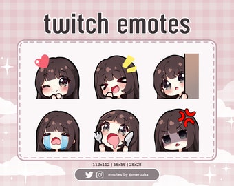 Twitch Emotes / Linda garota Chibi / Cabelo castanho com franja / Olhos pretos / Pré-fabricados / Discord / Youtube / Streamer / Streaming / Emote Pack