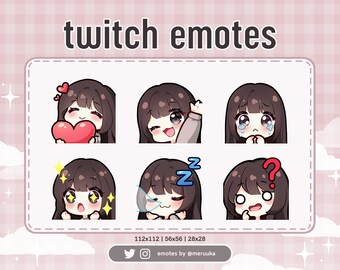 Twitch Emotes / Linda garota Chibi / Cabelo castanho com franja / Olhos pretos / Pré-fabricados / Discord / Youtube / Streamer / Streaming / Emote Pack