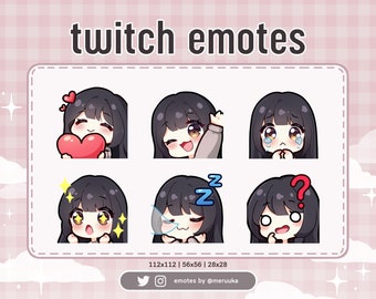Twitch Emotes / Linda garota Chibi / Cabelo preto com franja / Olhos castanhos / Pré-fabricados / Discord / Youtube / Streamer / Streaming / Emote Pack