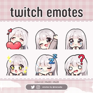 Twitch Emotes / Süße Chibi Mädchen / SilberNe Haare mit Knallen / Schwarze Augen / Premade / Discord / Youtube / Streamer / Streaming / Emote Pack