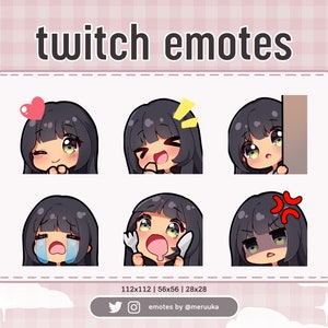 Twitch Emotes / Cute Chibi Girl / Black Hair with Bangs / Green Eyes / Tanned Skin / Premade / Discord / Youtube / Streamer / Emote Pack