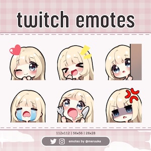 Twitch Emotes / Cute Chibi Girl / Blonde Hair with Bangs / Blue Eyes / Premade / Discord / Youtube / Streaming / Emote Pack