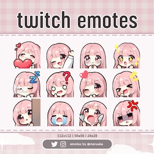 Twitch Emotes / Cute Chibi Girl / Light Pink Hair with Bangs / Pink Eyes / Premade / Discord / Youtube / Streamer / Streaming / Emote Pack