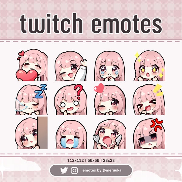 Twitch Emotes / Cute Chibi Girl / Light Pink Hair with Bangs / Pink Eyes / Premade / Discord / Youtube / Streamer / Streaming / Emote Pack
