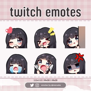 Twitch Emotes / Süßes Chibi Mädchen / Schwarze Haare mit Knallen / Blaue Augen / Premade / Discord / Youtube / Streamer / Streaming / Emote Pack