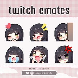 Twitch Emotes / Cute Chibi Girl / Black Hair with Bangs / Green Eyes / Premade / Discord / Youtube / Streamer / Streaming / Emote Pack