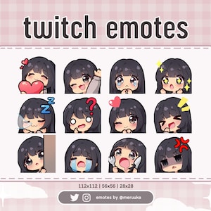 Twitch Emotes / Cute Chibi Girl / Black Hair with Bangs / Black Eyes / Olive Skin / Premade / Discord / Youtube / Streamer / Emote Pack