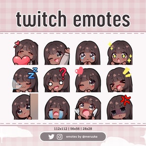 Twitch Emotes / Cute Chibi Girl / Brown Hair with Bangs / Black Eyes / Dark Skin / Discord / Youtube / Streamer / Emote Pack
