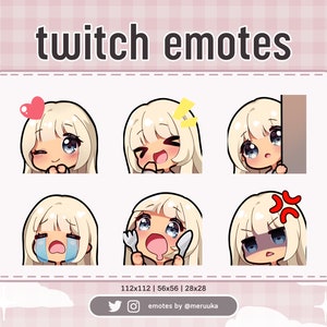 Twitch Emotes / Cute Chibi Girl / Cheveux blonds avec frange / Yeux bleus / Peau bronzée / Préfabriqué / Discord / Youtube / Streaming / Emote Pack