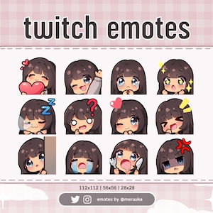 Twitch Emotes / Cute Chibi Girl / Cheveux bruns avec frange / Yeux bleus / Peau bronzée / Discord / Youtube / Streaming / Emote Pack