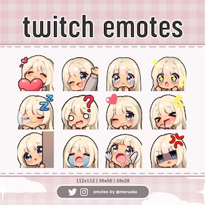 Twitch Emotes / Cute Chibi Girl / Cheveux blonds avec frange / Yeux bleus / Peau bronzée / Préfabriqué / Discord / Youtube / Streaming / Emote Pack