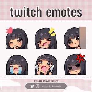 Twitch Emotes / Cute Chibi Girl / Black Hair with Bangs / Brown Eyes / Tanned Skin / Premade / Discord / Youtube / Streamer / Emote Pack