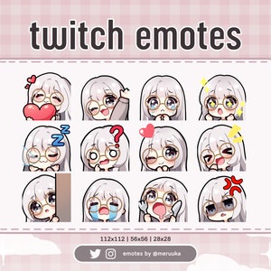 Twitch Emotes / Cute Chibi Girl / Silver Hair with Bangs and Glasses / Grey Eyes / Gold Glasses / Discord / Youtube / Streaming / Emote Pack