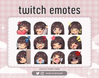 Twitch Emotes / Cute Chibi Girl / Brown Hair with Bangs / Brown Eyes / Tanned Skin / Discord / Youtube / Streaming / Emote Pack