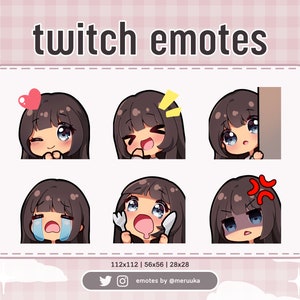 Twitch Emotes / Cute Chibi Girl / Cheveux bruns avec frange / Yeux bleus / Peau bronzée / Discord / Youtube / Streaming / Emote Pack