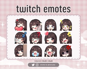 Twitch Emotes / Cute Chibi Girl / Brown Hair with Bangs / Black Eyes / Premade / Discord / Youtube / Streamer / Streaming / Emote Pack