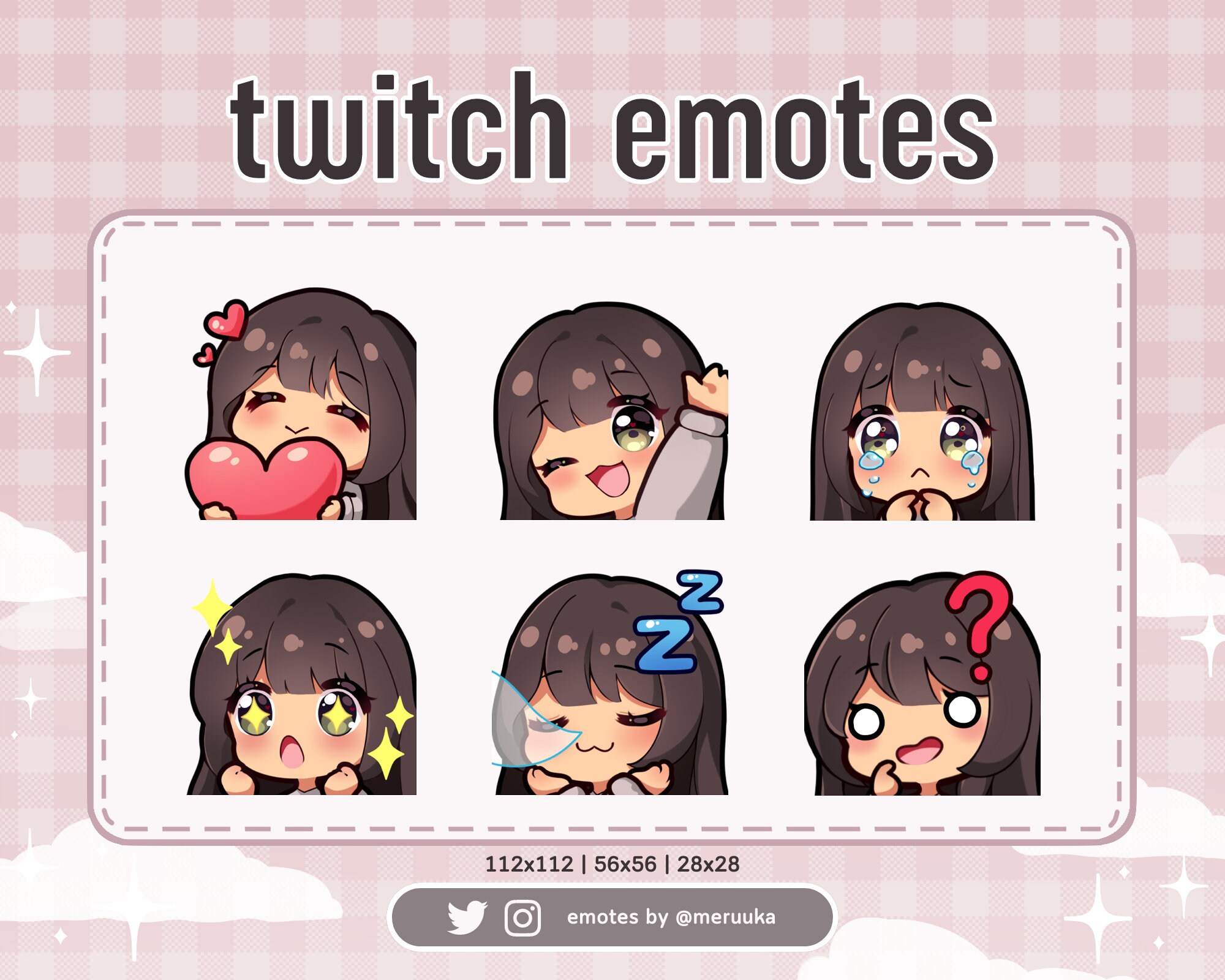 Twitch Emotes / Cute Chibi Girl / Brown Hair with Bangs / Green Eyes / Tanned Skin / Discord / Youtube / Streaming / Emote Pack