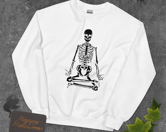 Meditating Spooky Skeleton, Halloween Skeleton White Sweatshirt Crewneck, Vintage Halloween Unisex Shirt, Retro Fall Shirt, Fall Shirt,