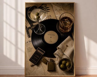 Moody Martini And Vinyl Wall Art, Vintage Cocktail Lounge Print, Old Fashioned Dirty Martini, Quiet Luxury Bar Cart Decor (Digital Download)