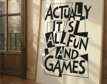 In realtà è tutto divertimento e giochi, tipografia massimalista, arte murale con citazione funky, stampa tipografica audace retrò (download digitale)