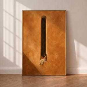 May include: A rectangular framed wall art piece featuring a textured, warm ochre-coloured wall with a tall, narrow arched opening. A small figure in a light-coloured dress sits within the opening, holding a red book, set against a dark background.