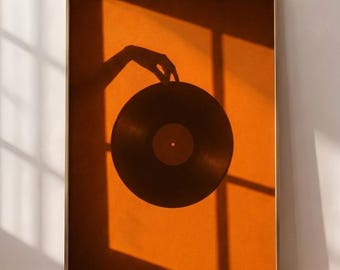 Moody Vinyl Record Wall Art, Soft Window Light Shadow, Minimalist Music, Golden Hour Print, Retro Listening Room Decor (Digital Download)