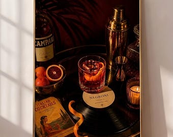 Moody Cocktail And Vinyl Print, Vintage Negroni Wall Art, Retro Cocktail Tray Poster, Old Fashioned Drink Printable Art (Digital Download)