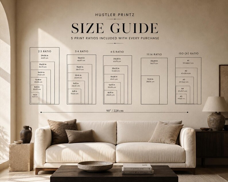 May include: A size guide chart titled HUSTLER PRINTZ SIZE GUIDE with 5 print ratios including 2:3, 3:4, 4:5, 11:14, and ISO (A) ratios. The chart lists various dimensions in inches and centimeters for each ratio, with a 90 inch / 228 cm width indicator.