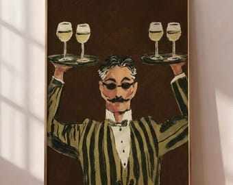 Ölgemälde eines Kellners im Vintage-Stil, Retro-Cocktailtablett, verspielter Weindruck, Poster für altmodische Getränke, lustige Küchendekoration (digitaler Download)