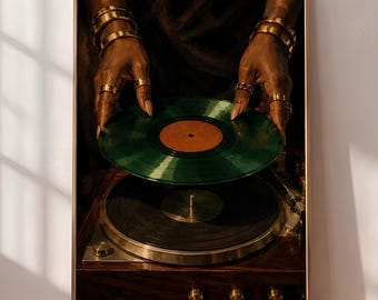Black Woman DJ Wall Art, Retro Vinyl Turntable Poster, Vintage Record Player Print, Black Girl Hip Hop Poster (Digital Download)