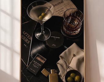 Dark Moody Martini And Vinyl Wall Art, Vintage Cocktail Lounge Print, Old Fashioned Dirty Martini, Luxury Bar Cart Art (Digital Download)