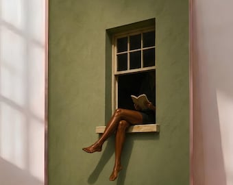 May include: A framed wall art print featuring a sage green textured wall with a rectangular window. A pair of bare legs extends from the window sill, and a pair of hands holds an open book. The artwork is enclosed in a thin metallic frame.