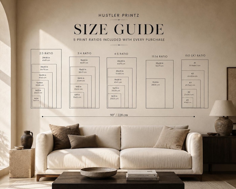 May include: A size guide chart titled HUSTLER PRINTZ SIZE GUIDE with 5 print ratios including 2:3, 3:4, 4:5, 11:14, and ISO (A) ratios. The chart lists various dimensions in inches and centimeters for each ratio, with a 90 inch / 228 cm width indicator.