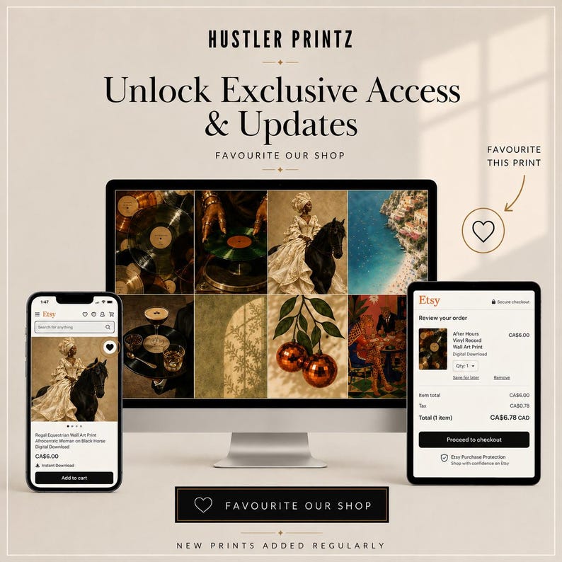 May include: A digital display showing the Hustler Printz shop interface on a computer monitor, a smartphone, and a tablet. The screens feature various art prints, including a person on a black horse, vinyl records, and coastal scenery.