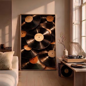 May include: A rectangular framed wall art print featuring a stacked arrangement of black vinyl records with tan center labels. One central label clearly displays the text High Fidelity. The artwork is displayed in a thin metallic frame.