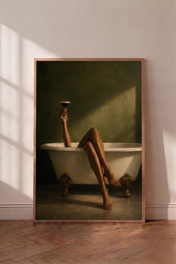Vintage Woman In Bathtub Print, Moody Espresso Martini Art, Luxury Coffee Cocktail Wall Art, Modern Bathroom Artwork (Digital Download)