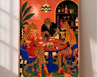 Eclectic Leopards Drinking Martini, Retro Poker Night Print, Maximalist Animal Wall Art Quirky, Funky Bar Cart Decor (Digital Download)