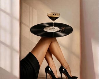 Vinyl Cocktail Tray Poster, Espresso Martini Print, Moody Cocktail Art, Luxury Heels Poster, Woman Legs Print (Digital Download)