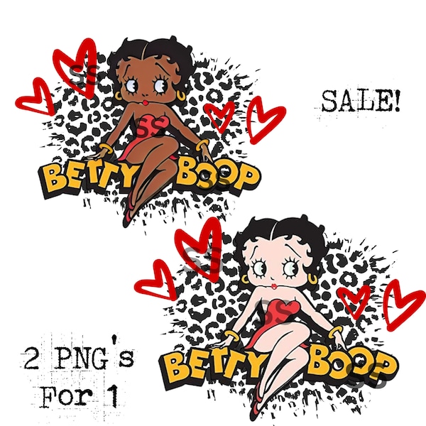 2 Betty boop , African American, & original Black leopard hearts, sublimation simple, classic ,2 PNGs cards and wall print, DIGITAL download