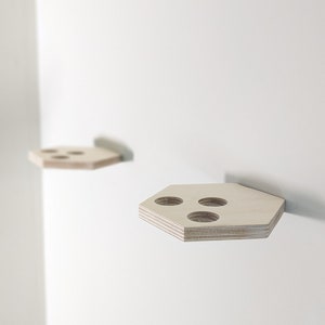 May include: Two wooden, hexagonal shelves mounted on a white wall. Each shelf has three circular cutouts. The shelves are made of light-colored wood, and the design is minimalist and modern. The shelves are a decorative storage solution.