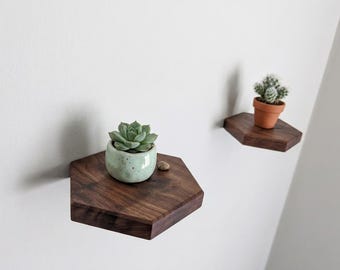Handcrafted Walnut Hexagon Floating Shelf: Modern Farmhouse Decor