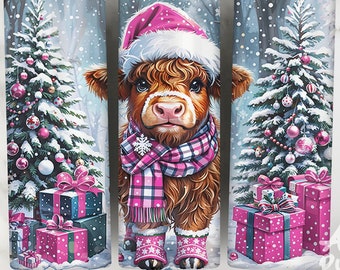 May include: Three Christmas-themed tumblers with a winter scene featuring a Highland cow wearing a pink Santa hat and a plaid scarf. The cow is standing in front of a snowy Christmas tree with pink ornaments. The tumblers are decorated with a white background and a blue and white winter scene.