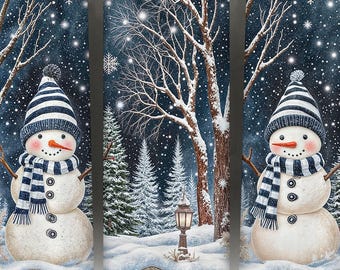 May include: A set of three stainless steel insulated tumblers with a winter scene featuring snowmen, trees, and falling snowflakes. Each tumbler has a silver straw and a winter-themed design with a snowman wearing a striped hat and scarf.