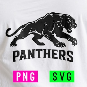 May include: White t-shirt with a black panther design in a running position, and the word "PANTHERS" in black below. The shirt also has pink "PNG" and green "SVG" text boxes.